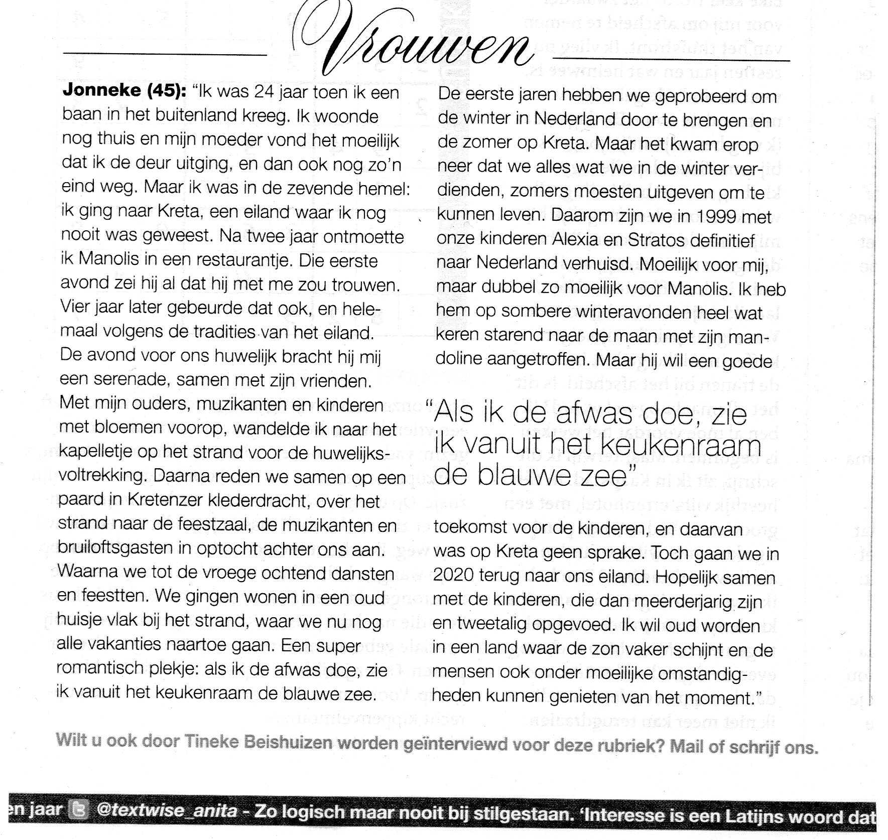 Scan van het Libelle-interview met Jonneke en Manolis over hun leven op Kreta